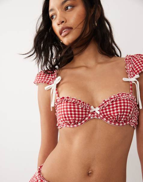 For Love & Lemons – Alison – Röd, ginghamrutig bikiniöverdel med puffärmar, del av set - view 1