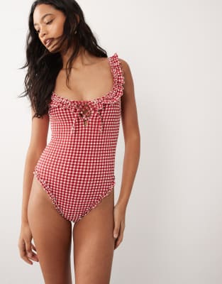 For Love & Lemons Alison Ruffle Trim Swimsuit In Red