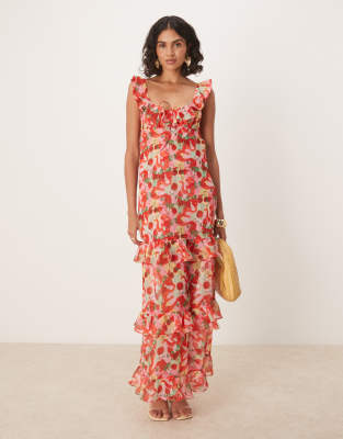 For Love & Lemons For Love & Lemons Ambrosia ruffle maxi dress with open back in red