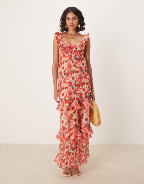 For Love & Lemons - Ambrosia - Vestito lungo rosso con schiena scoperta e volant - view 1