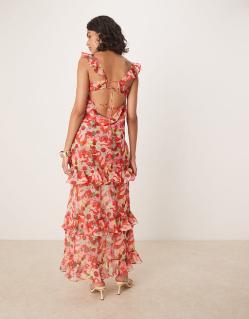 For Love & Lemons - Ambrosia - Vestito lungo rosso con schiena scoperta e volant, 3 di 4