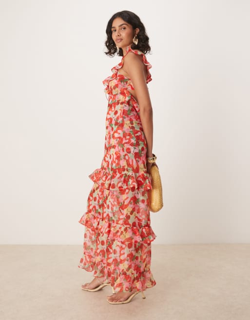 For Love & Lemons - Ambrosia - Vestito lungo rosso con schiena scoperta e volant, 4 di 4