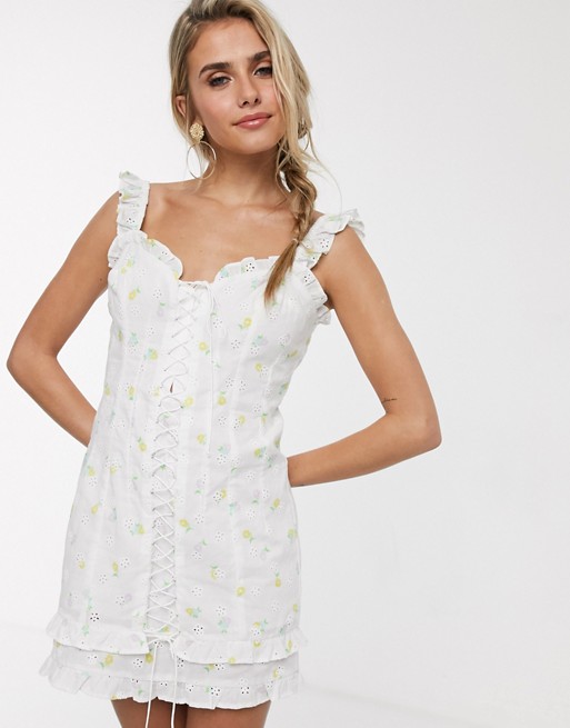 For Love & Lemons Azalea lace up mini dress in white floral