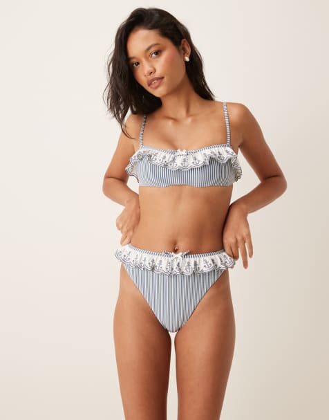 For Love & Lemons - Bas de bikini texturé à ancre brodée - Bleu rayé - view 1