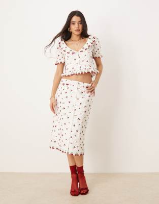 For Love & Lemons For Love & Lemons Beaded Cherries midi skirt in white and red co-ord-Multi