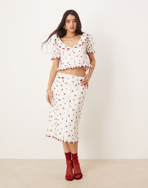 For Love & Lemons Beaded Cherries midi skirt in white and red co-ord