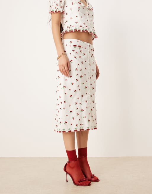 For Love Lemons Beaded Cherries midi skirt in white and red co-ord