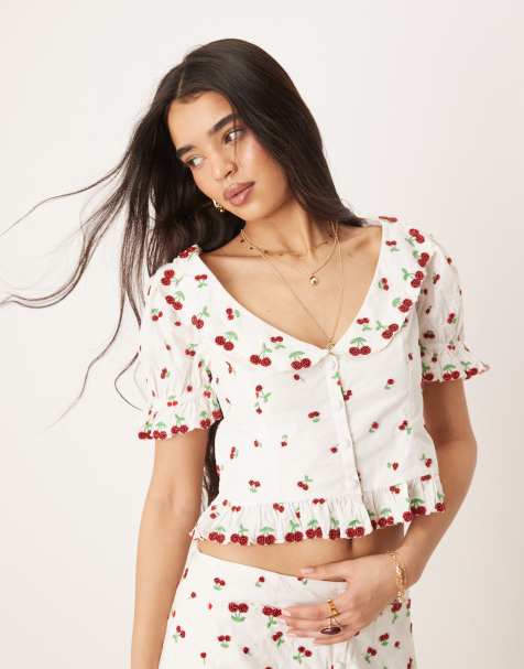 For Love & Lemons Beaded Cherries top in white and red - part of a set - view 1