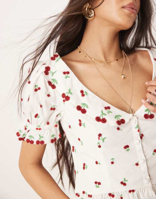 For Love & Lemons Beaded Cherries top in white and red