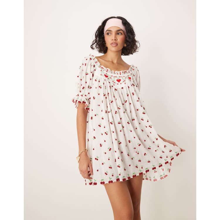 For Love & Lemons Beaded cherry slip dress in white and red | ASOS