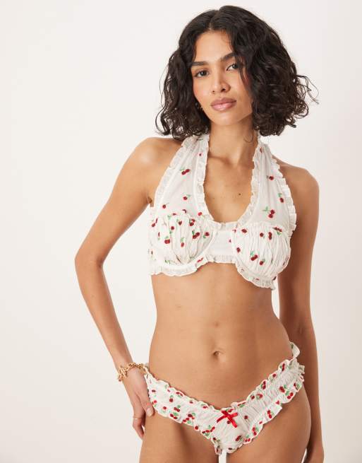 For Love & Lemons Beaded cherry thong panty co-ord in white and red, 4 of 4