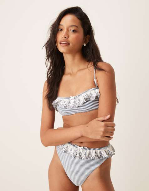 For Love & Lemons - Bikini avec top texturé à ancre brodée et bas - Bleu rayé - view 1