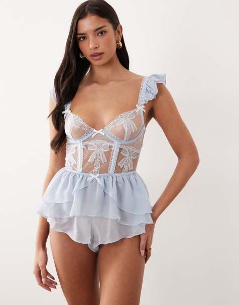 For Love & Lemons Blair bow detail romper in blue - view 1
