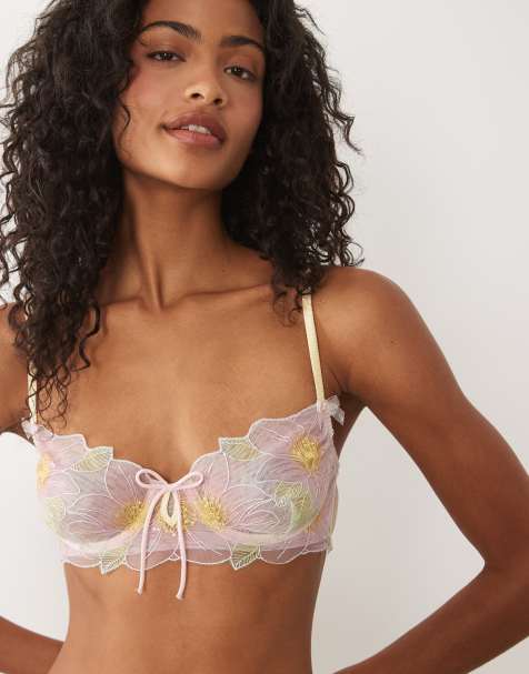 For Love & Lemons blush hibiscus embroidered underwire bra co-ord with bow in pink - view 1