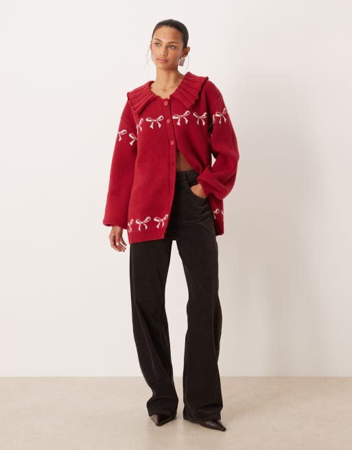 For Love & Lemons bow intarsia knitted oversized cardigan with ribbed collar in red, 3 of 4