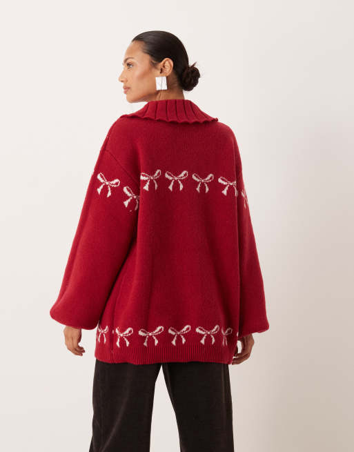 For Love & Lemons bow intarsia knitted oversized cardigan with ribbed collar in red, 4 of 4