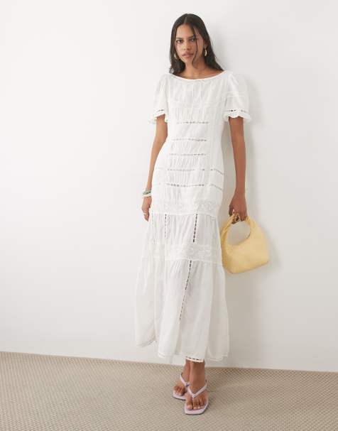 For Love & Lemons Breezy cotton broderie scoop neck puff sleeve midi dress with drop waist in white