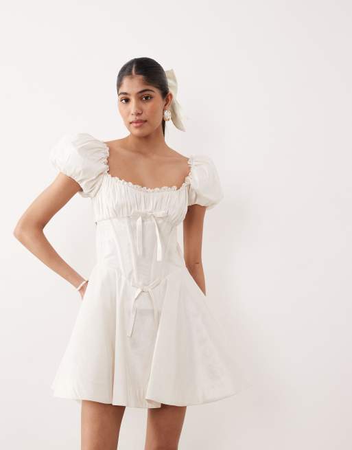 For Love & Lemons Bridal Evaline puff sleeve corset bow detail open back mini dress in White