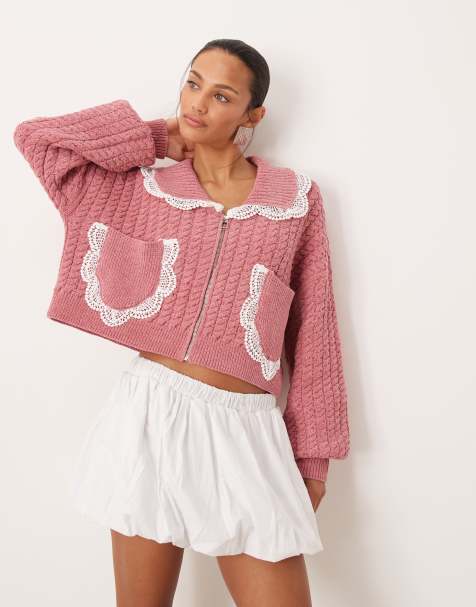 For Love & Lemons cable knit zip up crop jacket lace pockets in rose - view 1