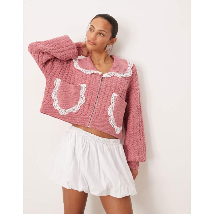 For Love & Lemons cable knit zip up crop jacket lace pockets in