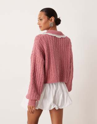For Love & Lemons cable knit zip up crop jacket lace pockets in