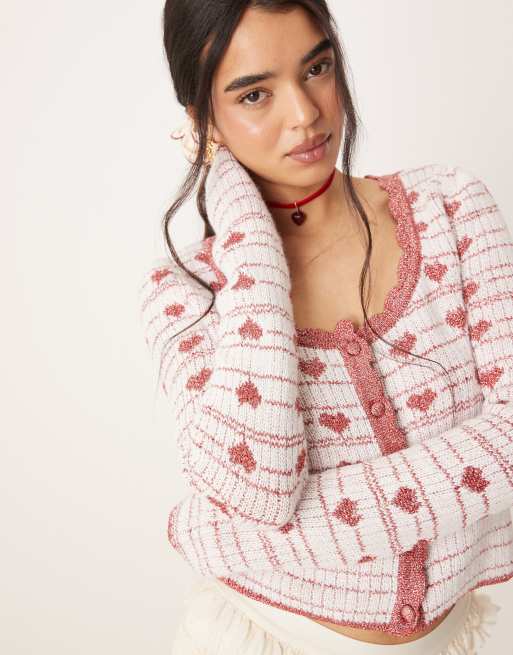 For Love & Lemons Candy Heart knit cardigan in cream and pink, 2 of 4