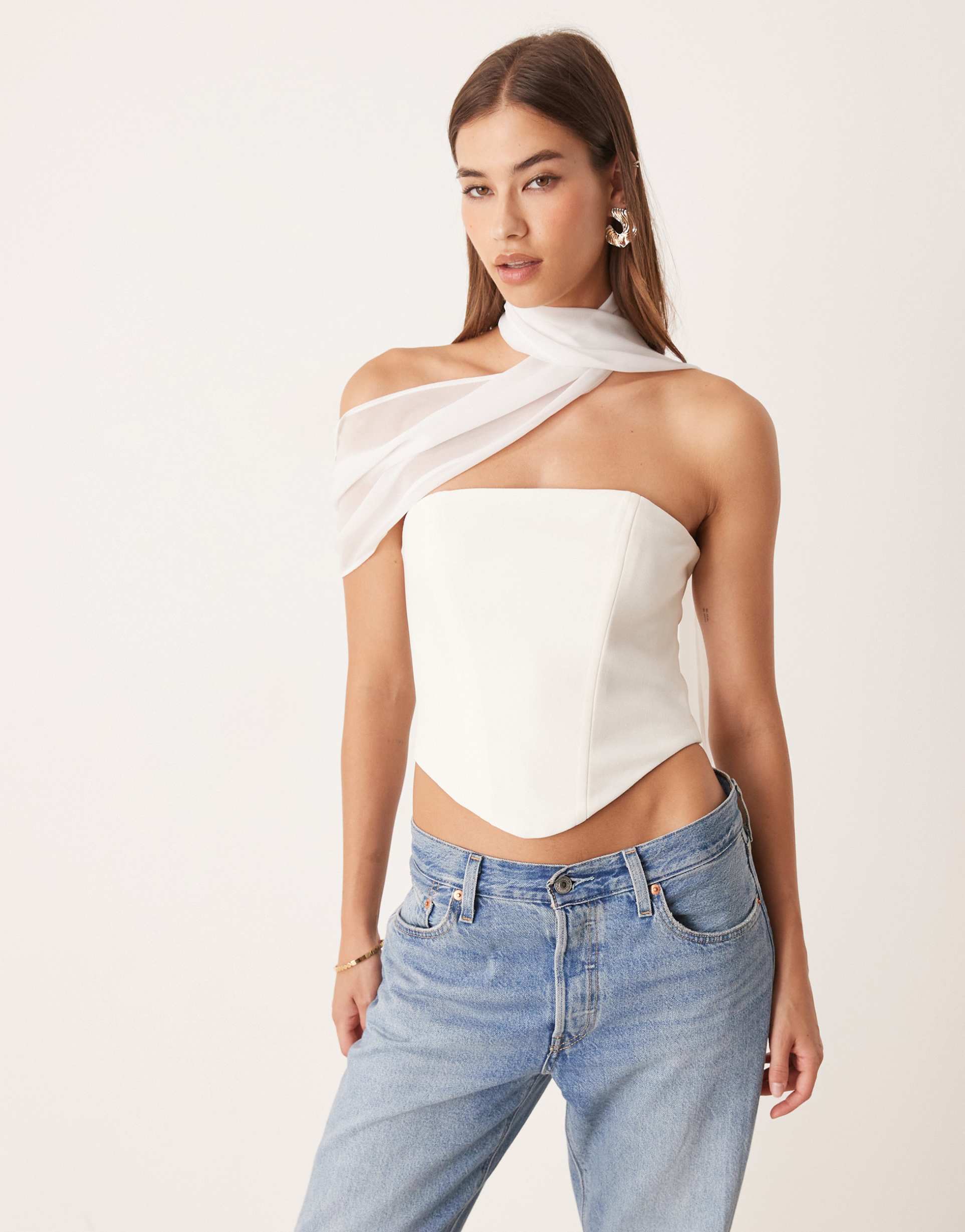 for love & lemons capri corset top with chiffon scarf in white