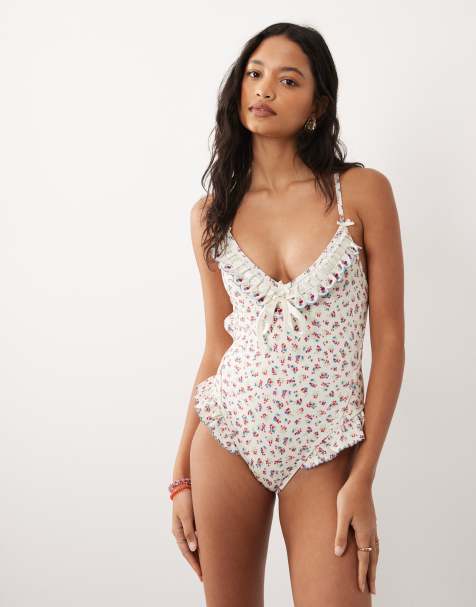 For Love & Lemons cherry Mae baddräkt med rosettdetalj och knytning i ryggen i cream floral - view 1