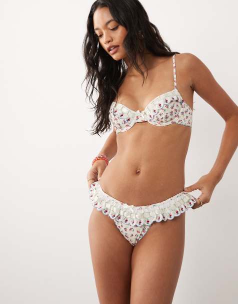 For Love & Lemons Cherry mae frill detail bikini bottoms in cream floral - view 1