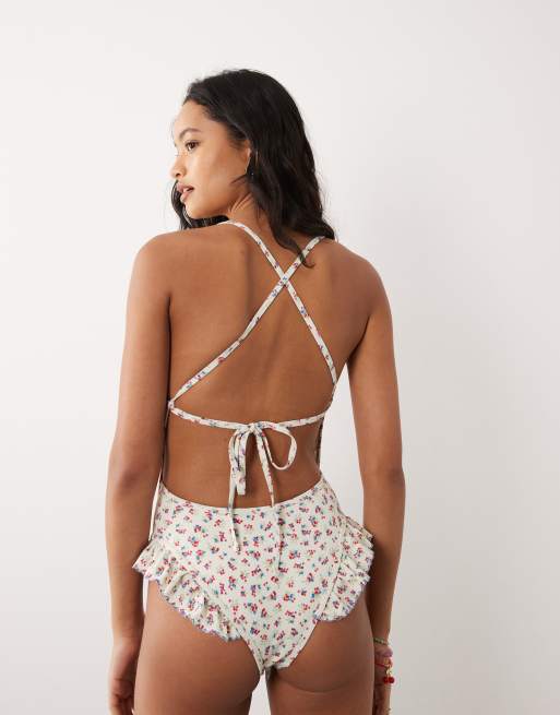 For Love & Lemons - Cherry Mae - Maillot 1 pièce avec liens dans le dos et ruban - Crème fleuri, 2 de 4