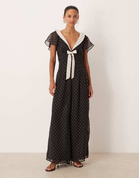 For Love & Lemons chiffon v neck flutter sleeve jumpsuit in polka dot - view 1