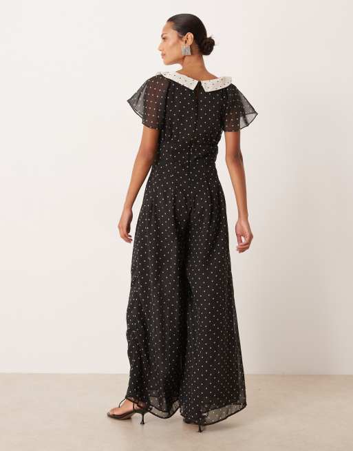 For Love & Lemons chiffon v neck flutter sleeve jumpsuit in polka dot , 3 of 4