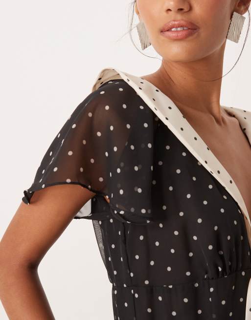 For Love & Lemons chiffon v neck flutter sleeve jumpsuit in polka dot , 4 of 4