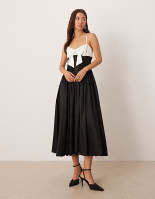 For Love & Lemons Contrast Bow Bodice Midi Skater Dress In Black