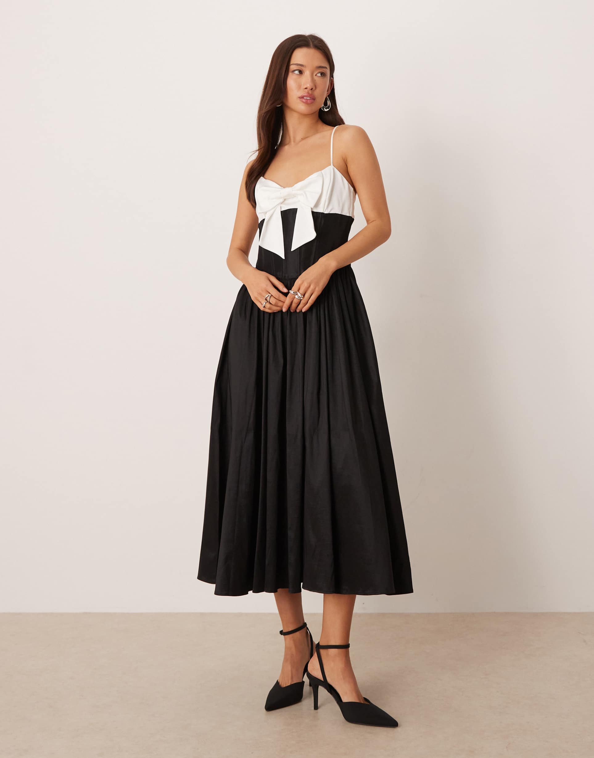for love & lemons contrast bow bodice skater midi dress in black