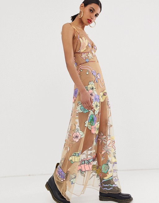 For Love & Lemons Cuba sheer embroidered maxi dress with embellished patterns