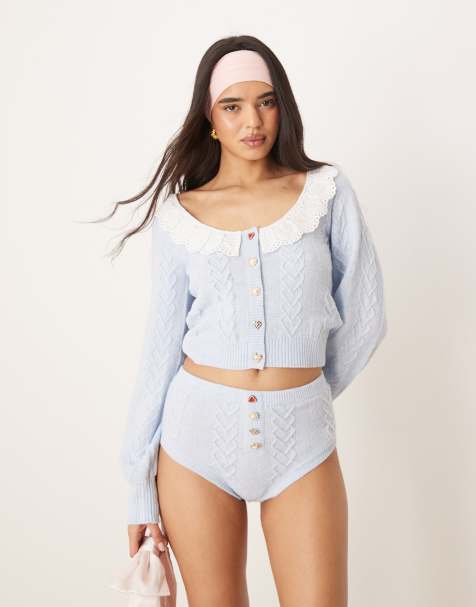 For Love & Lemons Cupid knit high waisted briefs in blue - part of a set - view 1