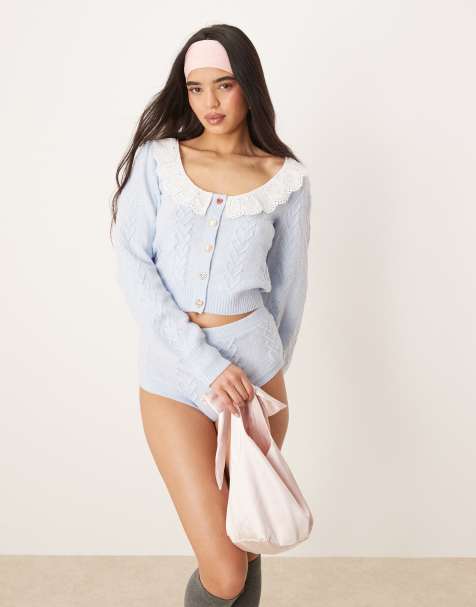 For Love & Lemons Cupid cable knit cardigan in blue co-ord 