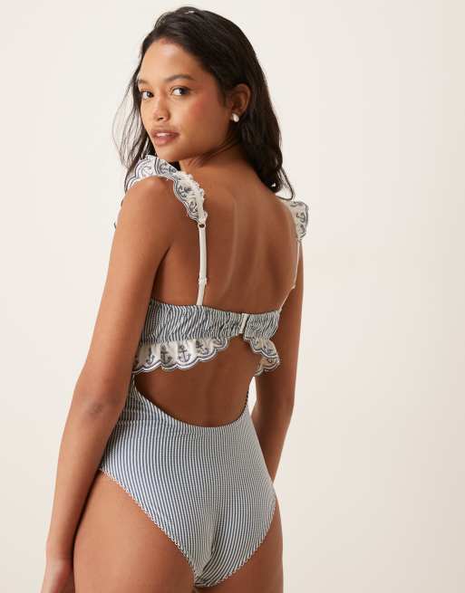 For Love & Lemons - Daisy Lane - Costume da bagno intero blu ricamato con ancora, 3 di 4