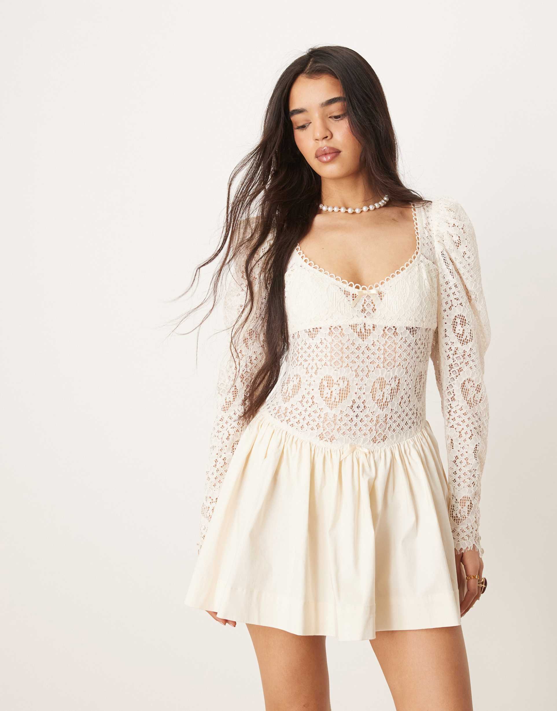for love & lemons doily lace mini dress in cream