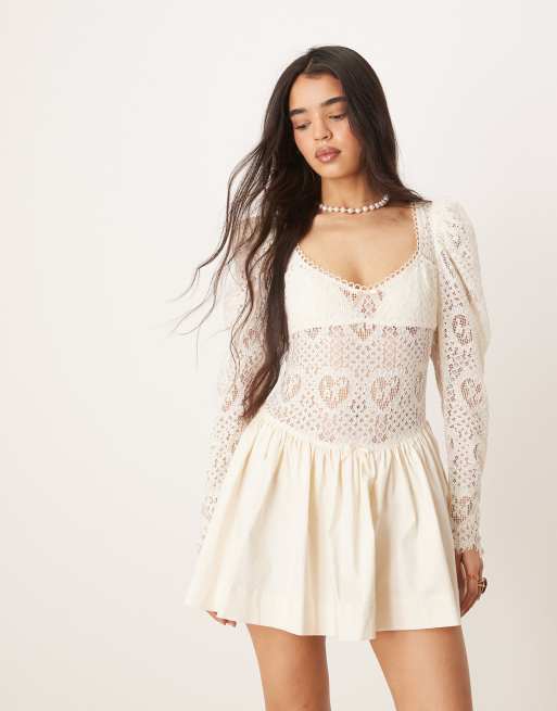 For Love & Lemons - Doily - Vestito corto in pizzo crema , 3 di 4