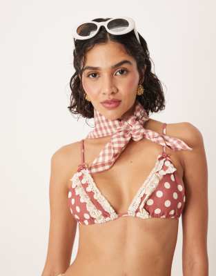 For Love & Lemons For Love & Lemons dot triangle bikini top co-ord in red gingham