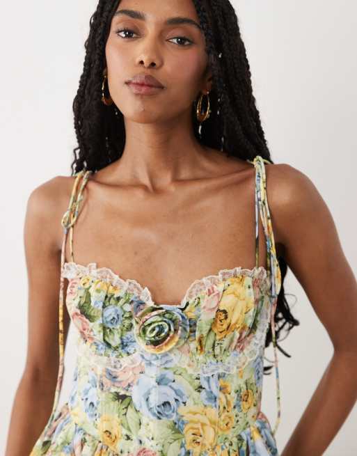 For Love & Lemons Elea Kleid mit Herzausschnitt und Rosetten-Detail, Mini, mit Blumenmuster, 4 von 4