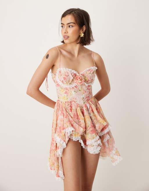 For Love & Lemons Elea lace trim frill mini dress in peach floral