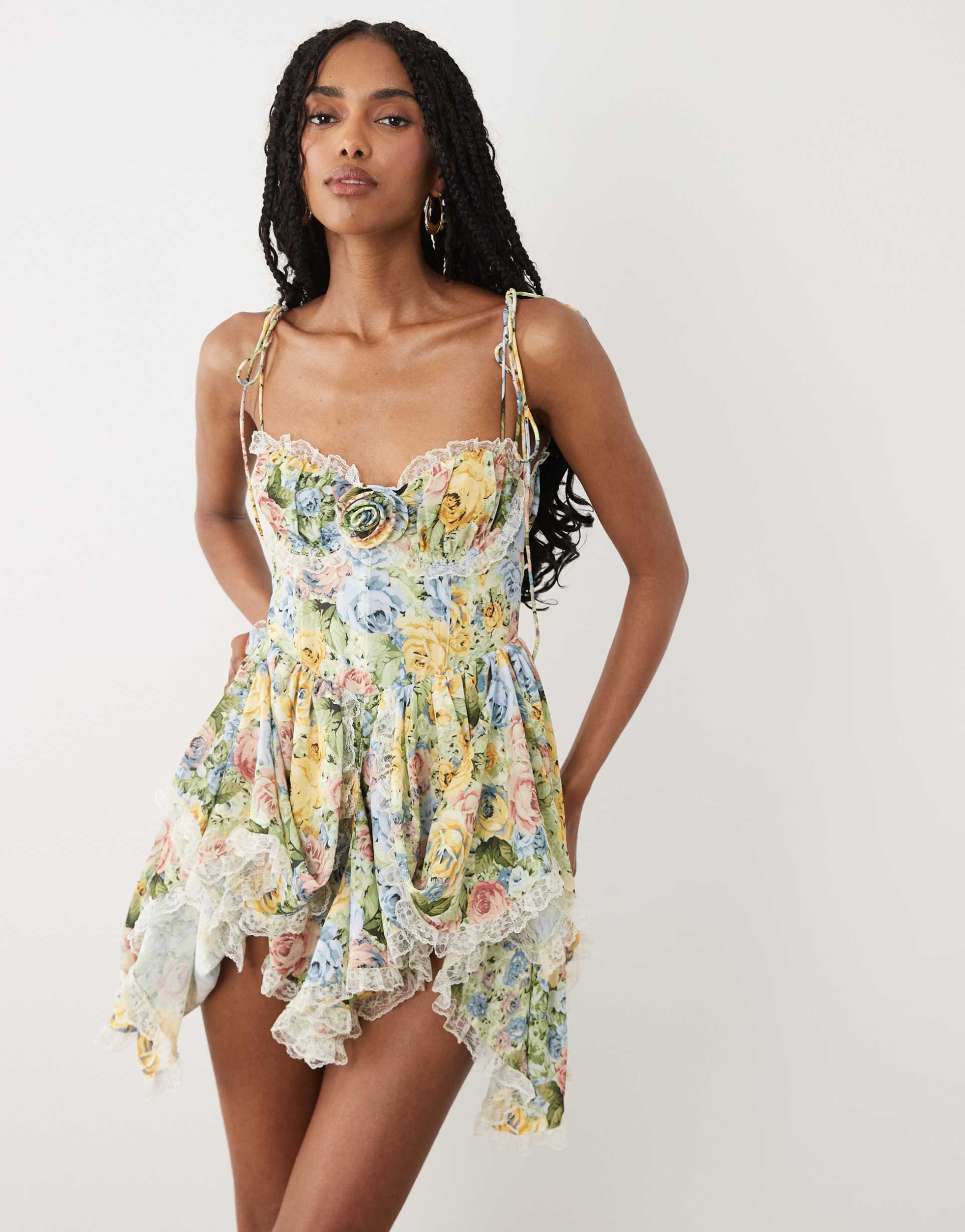 for love & lemons elea rosette detail sweetheart neck mini dress in multi floral