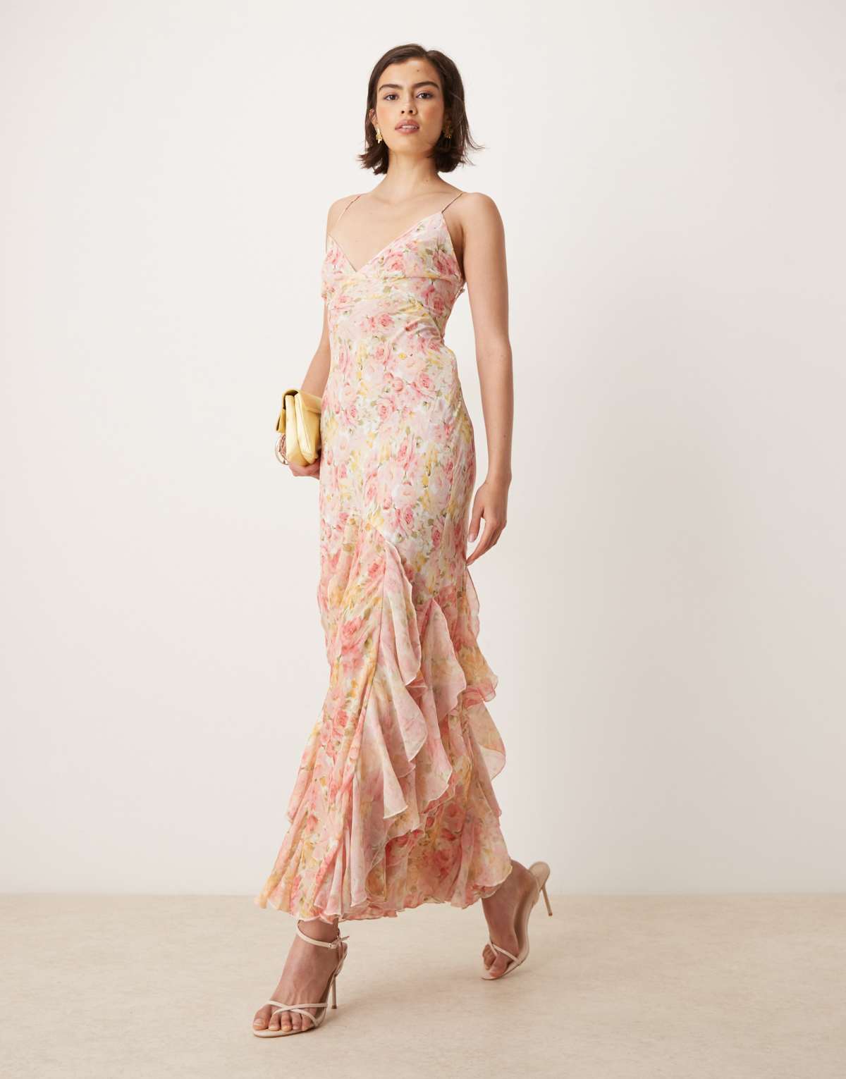 For Love & Lemons Elea ruffle maxi dress with lace up back in peach floral