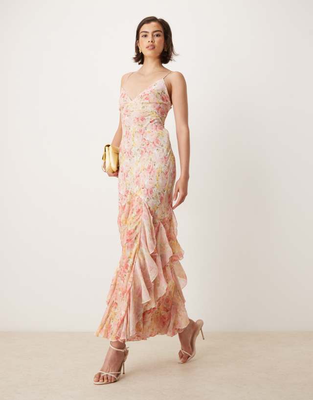 For Love & Lemons Elea ruffle maxi dress with lace up back in