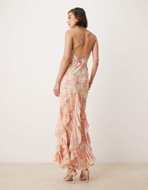 For Love & Lemons Elea ruffle maxi dress with lace up back in peach floral