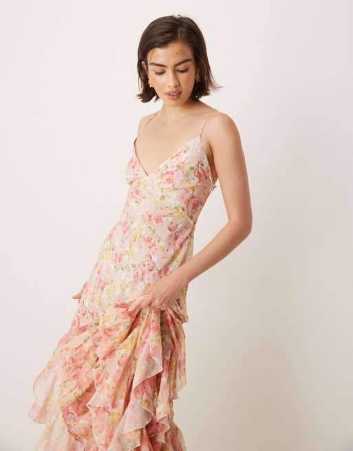 For Love & Lemons Elea ruffle maxi dress with lace up back in peach floral