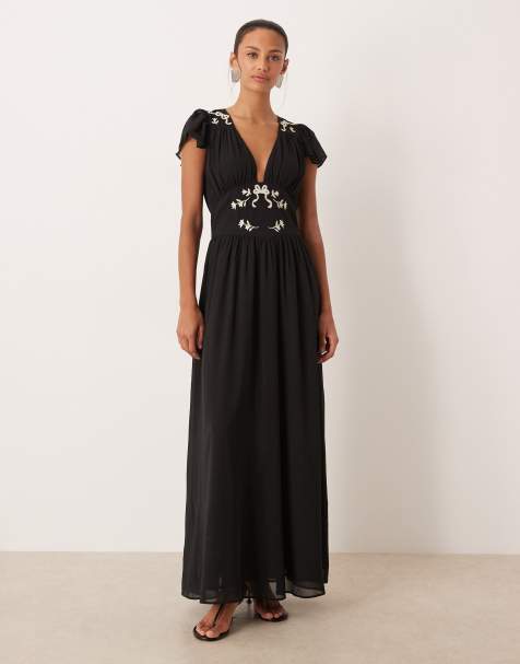 For Love & Lemons embroidered plunge maxi dress in black - view 1